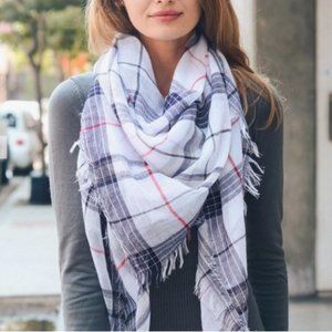 Women's Fall Winter Classic Frayed Check Scarf White